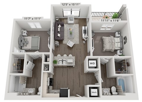 A 3D floor plan of a small apartment with a living room, kitchen, and bedroom.